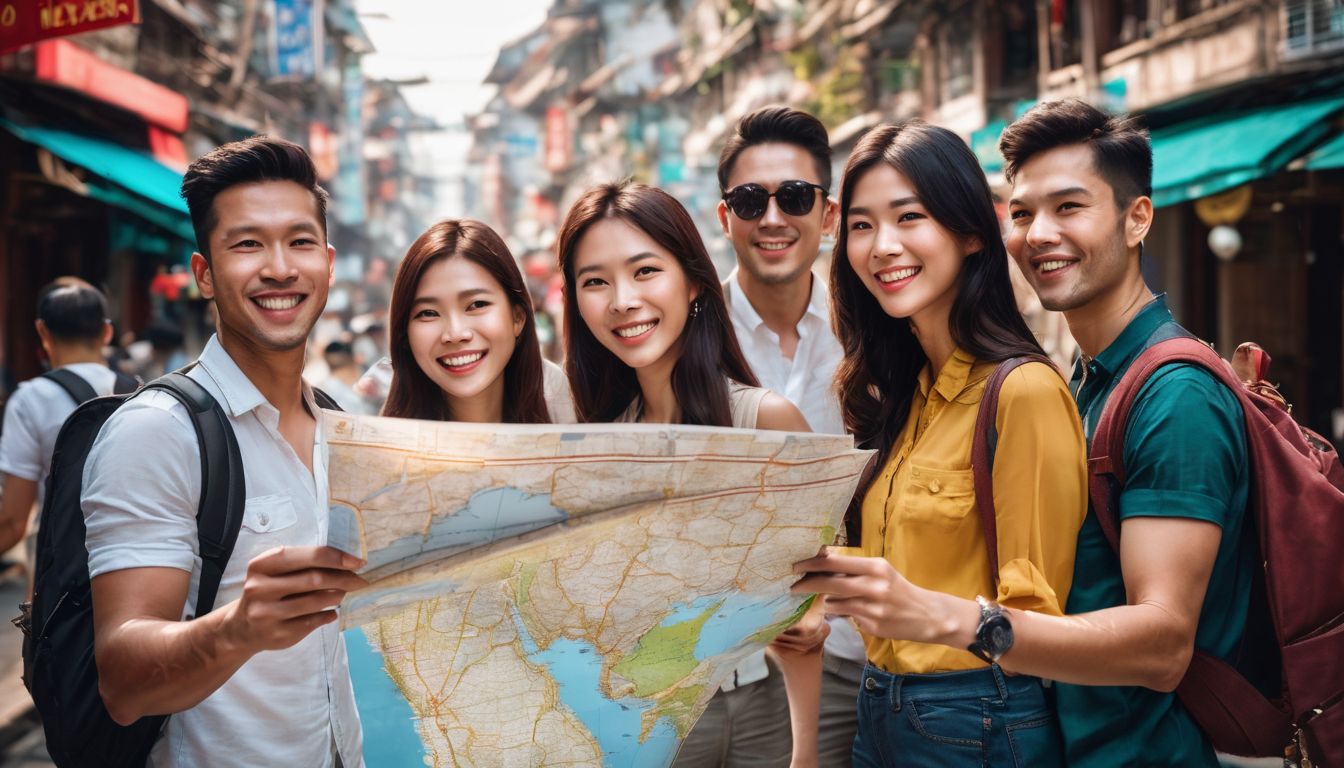 A diverse group of tourists in a Vietnamese city point at a street sign while holding a map.