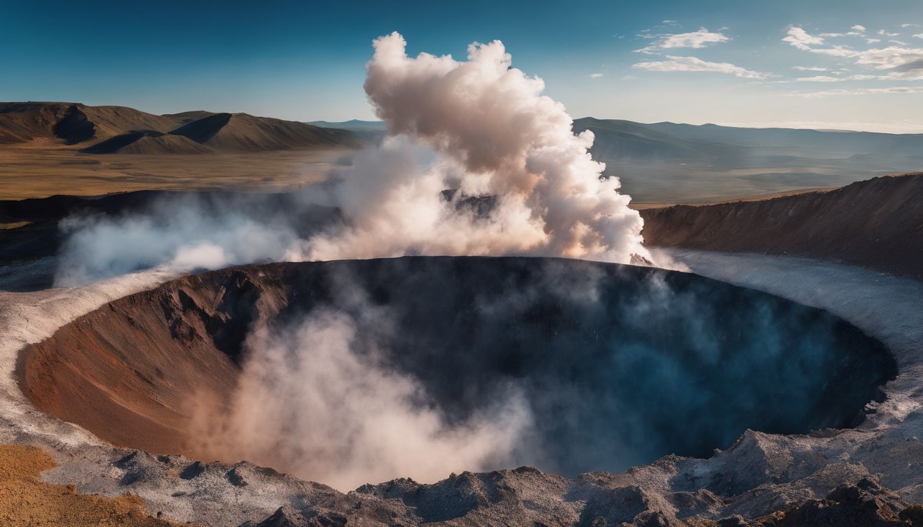 A person stands on the edge of a crater with steam rising in the background in a bustling atmosphere.