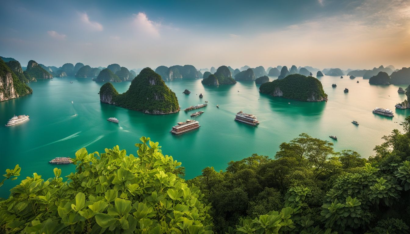 A stunning photograph of Ha Long Bay showcasing its limestone islands and turquoise waters.