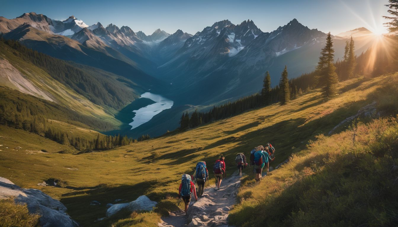 A group of hikers explore the scenic trails of majestic mountains in a bustling atmosphere.