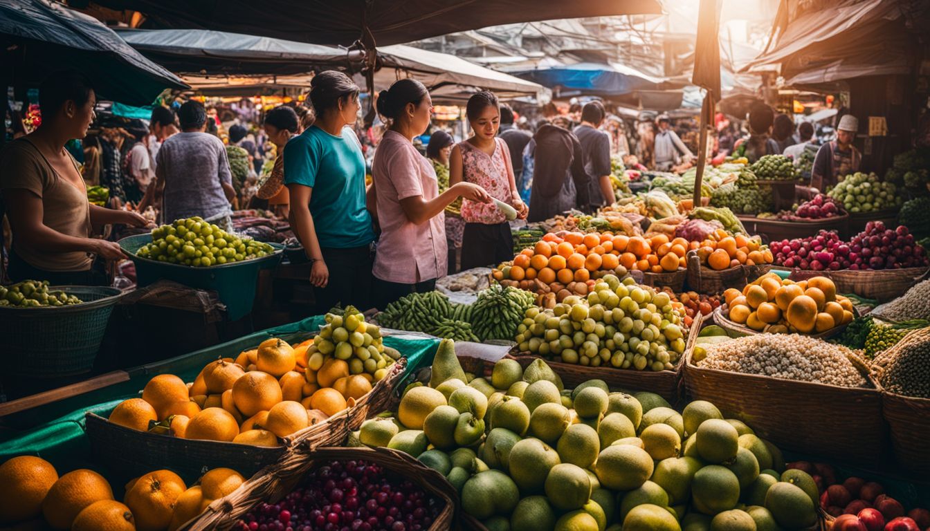 A vibrant Thai market filled with diverse vendors selling colorful fruits, captured in a detailed and realistic photograph.