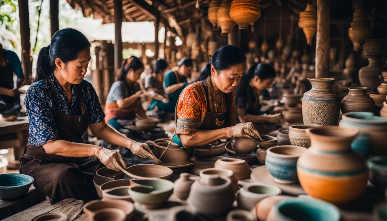 A bustling traditional Thai pottery workshop showcasing vibrant Benjarong pottery with intricate designs and a variety of artists.