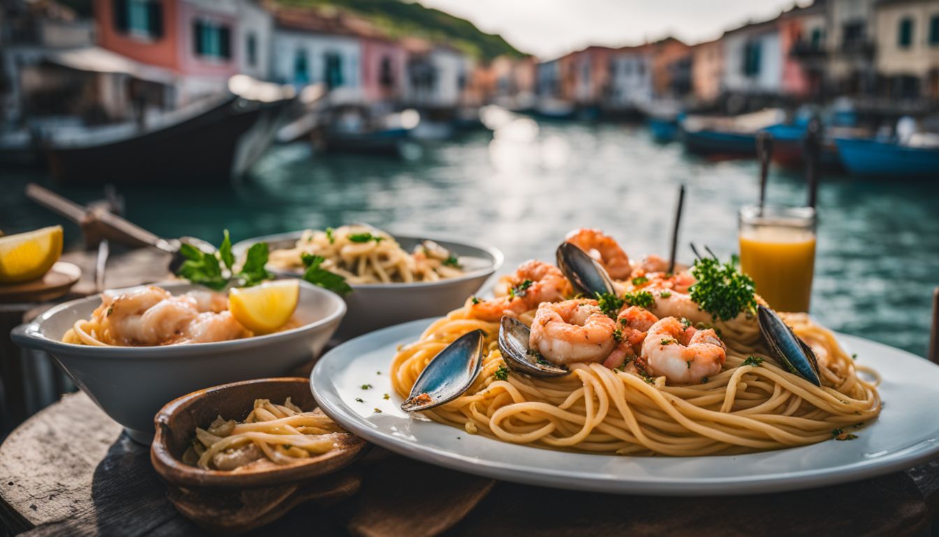 A photo of a plate of delicious seafood pasta with a view of a picturesque fisherman's village.