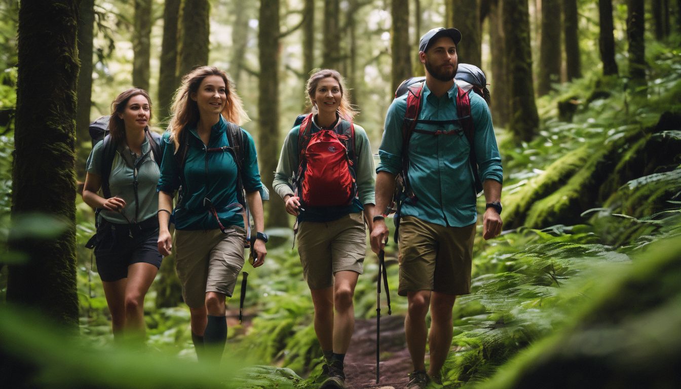 A group of friends enjoy a picturesque hike through a lush forest, capturing the beauty of nature.