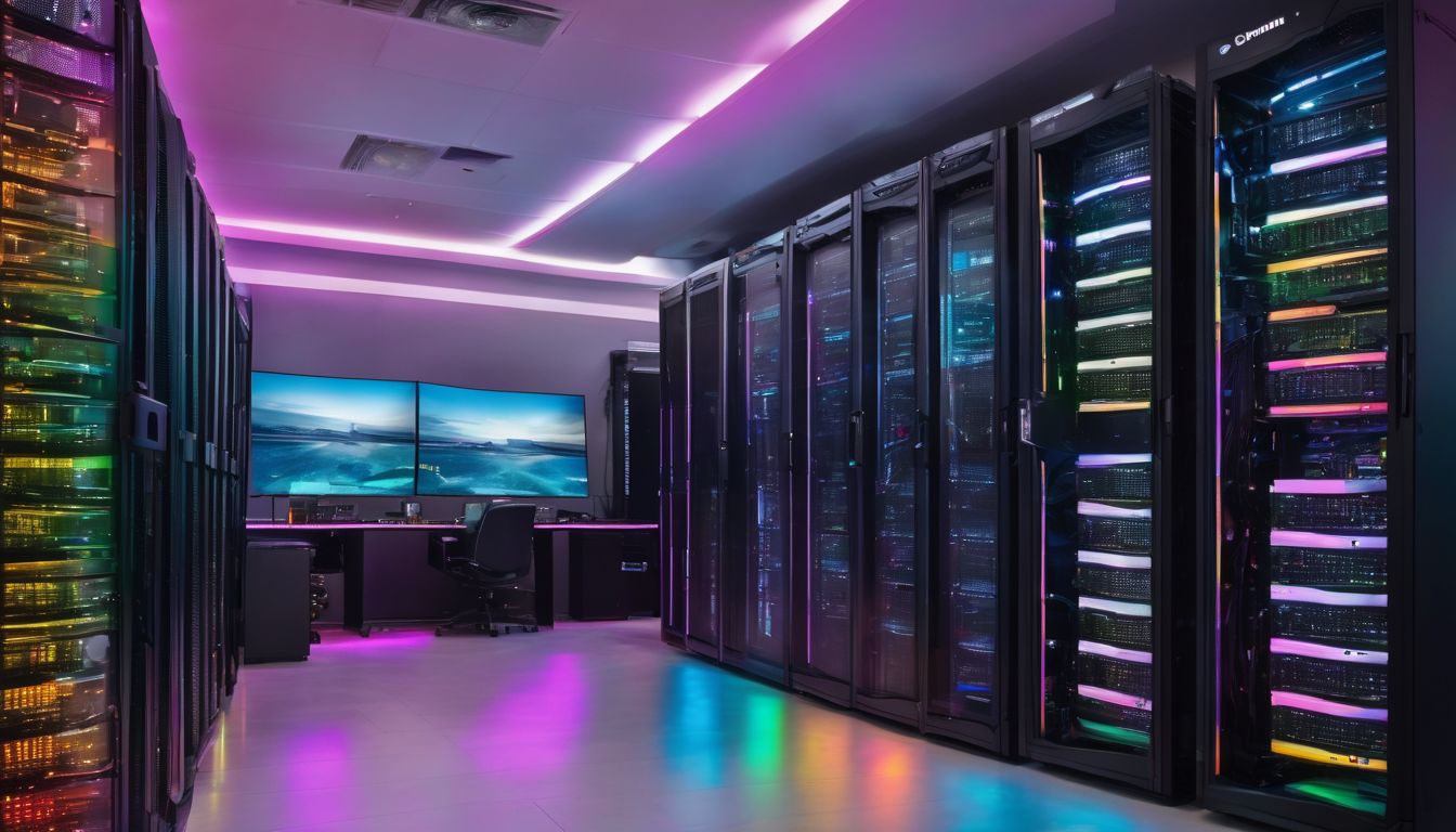 A high-end CPU tower surrounded by a futuristic server room.