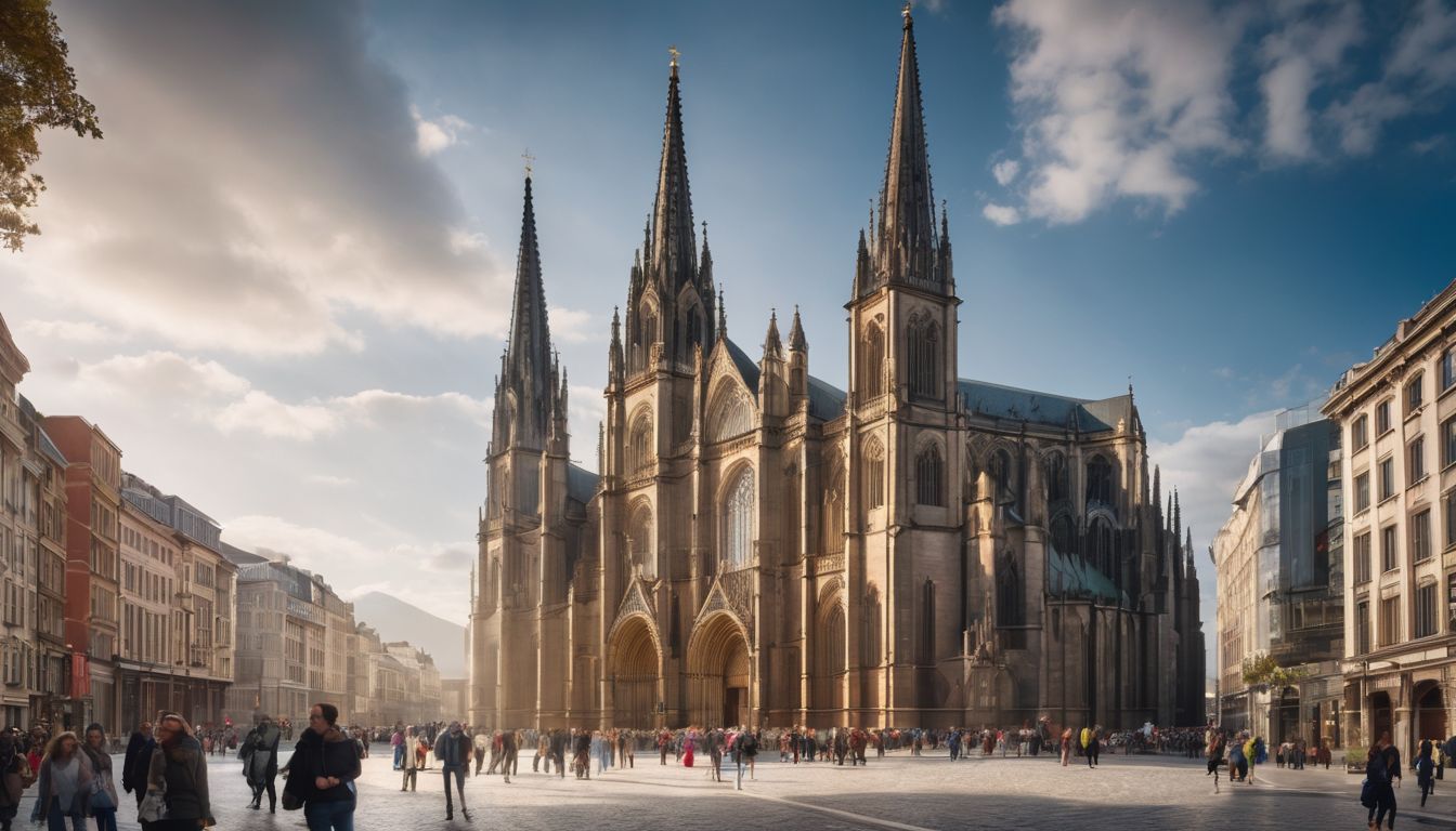 A diverse group of people walking towards the entrance of a stunning cathedral.