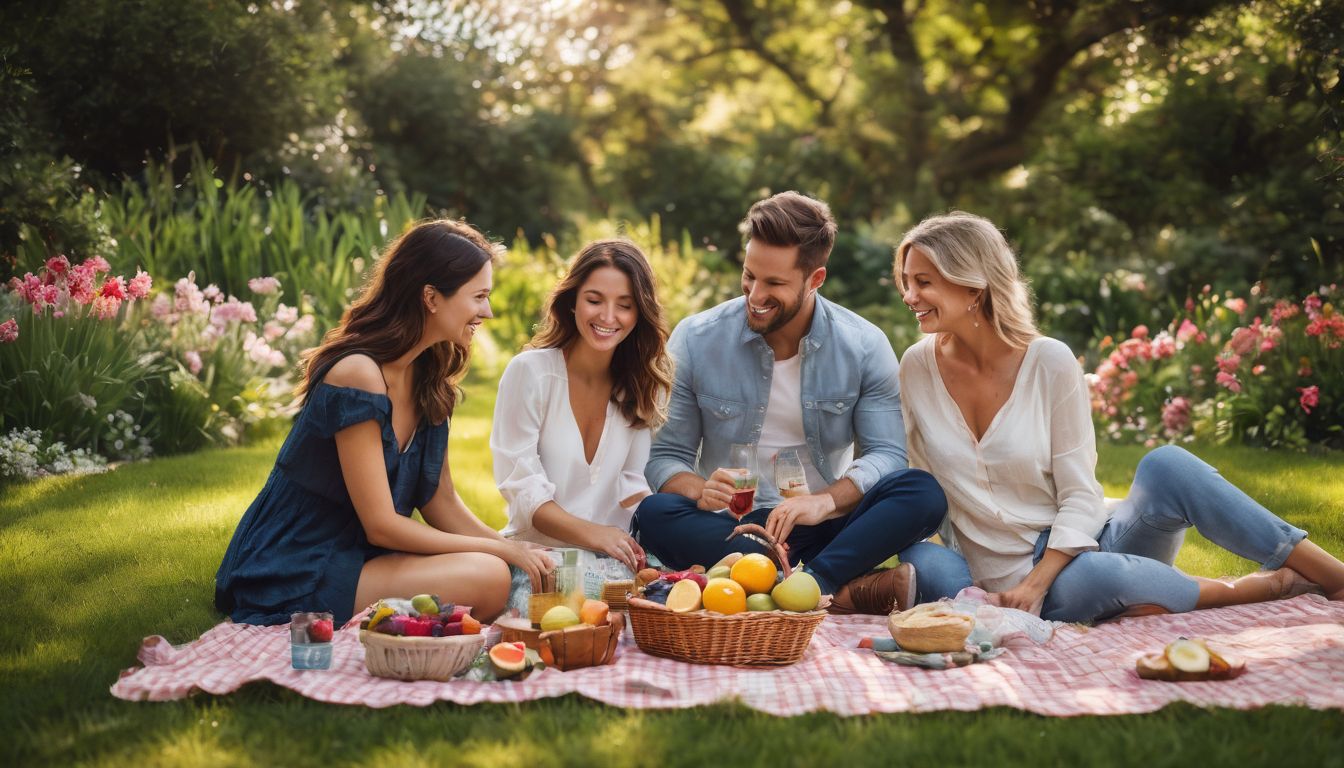 A diverse family enjoys a picnic in a beautiful garden surrounded by vibrant flowers.