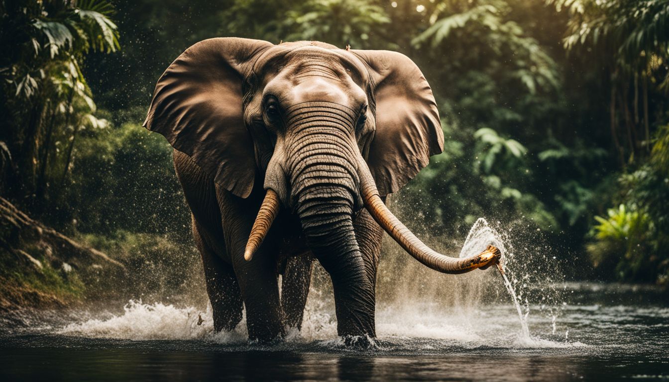 A stunning photograph of an elephant spraying water in a lush jungle setting, showcasing its majestic beauty.