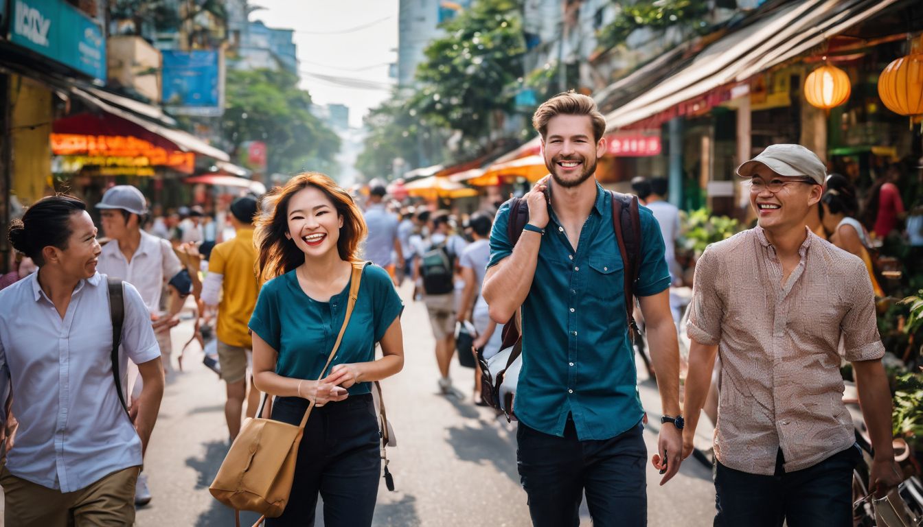A joyful group of tourists exploring the bustling streets of Ho Chi Minh City.