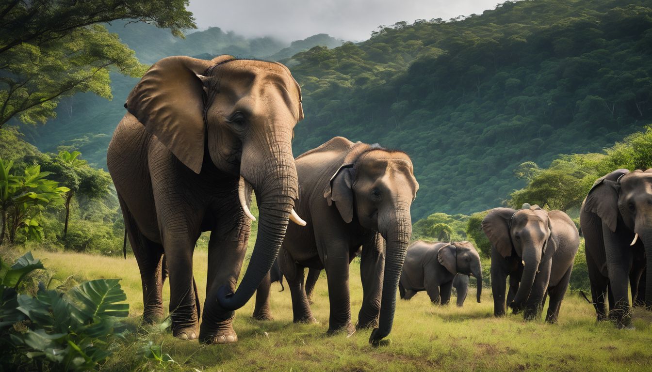 A diverse group of elephants peacefully grazing in a lush jungle captured in a stunning photograph.