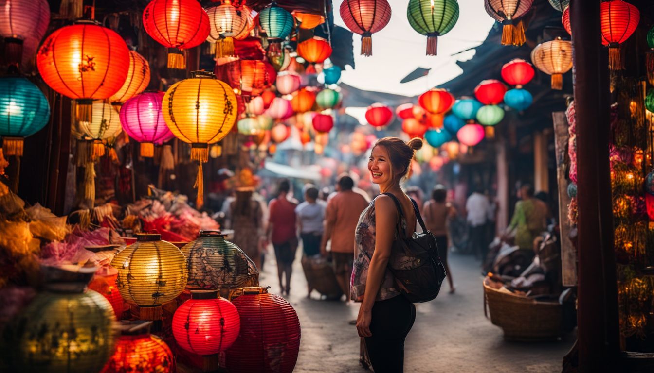 A street vendor selling colorful Vietnamese lanterns in Hoi An captures a vibrant and bustling atmosphere.