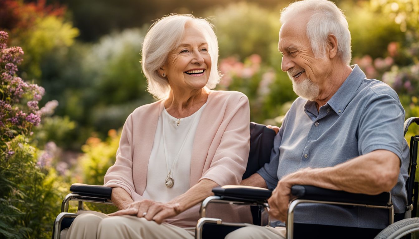 A senior couple enjoys a leisurely walk in a wheelchair-accessible garden.