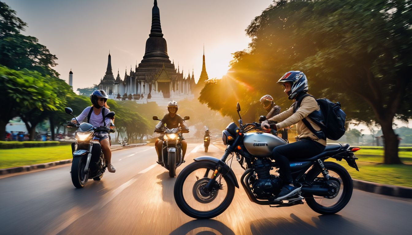 A group of friends riding motorbikes with a famous temple in the background.