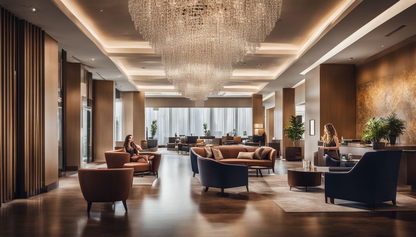 A modern hotel lobby with elegant furnishings and a welcoming receptionist in a bustling atmosphere.