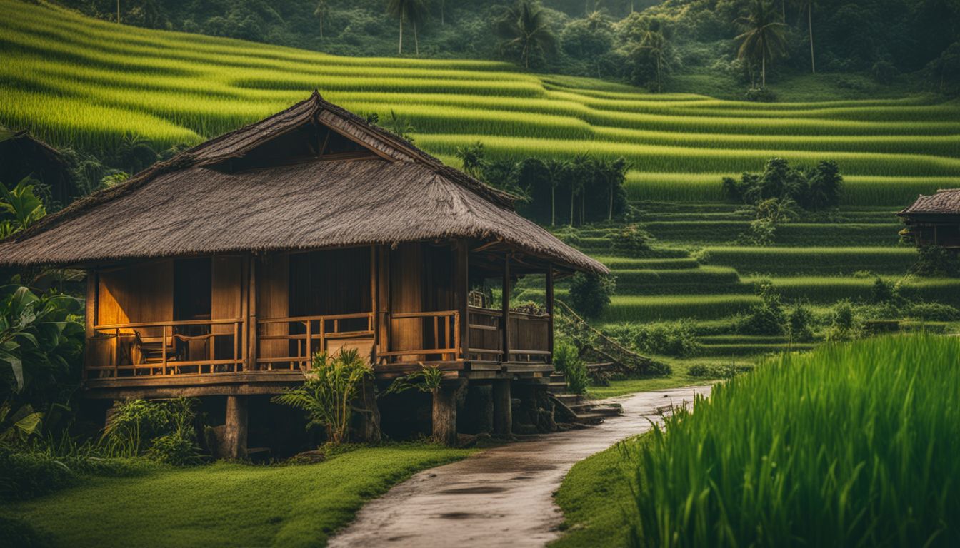 A charming wooden bungalow surrounded by rice paddies in the Vietnamese countryside.