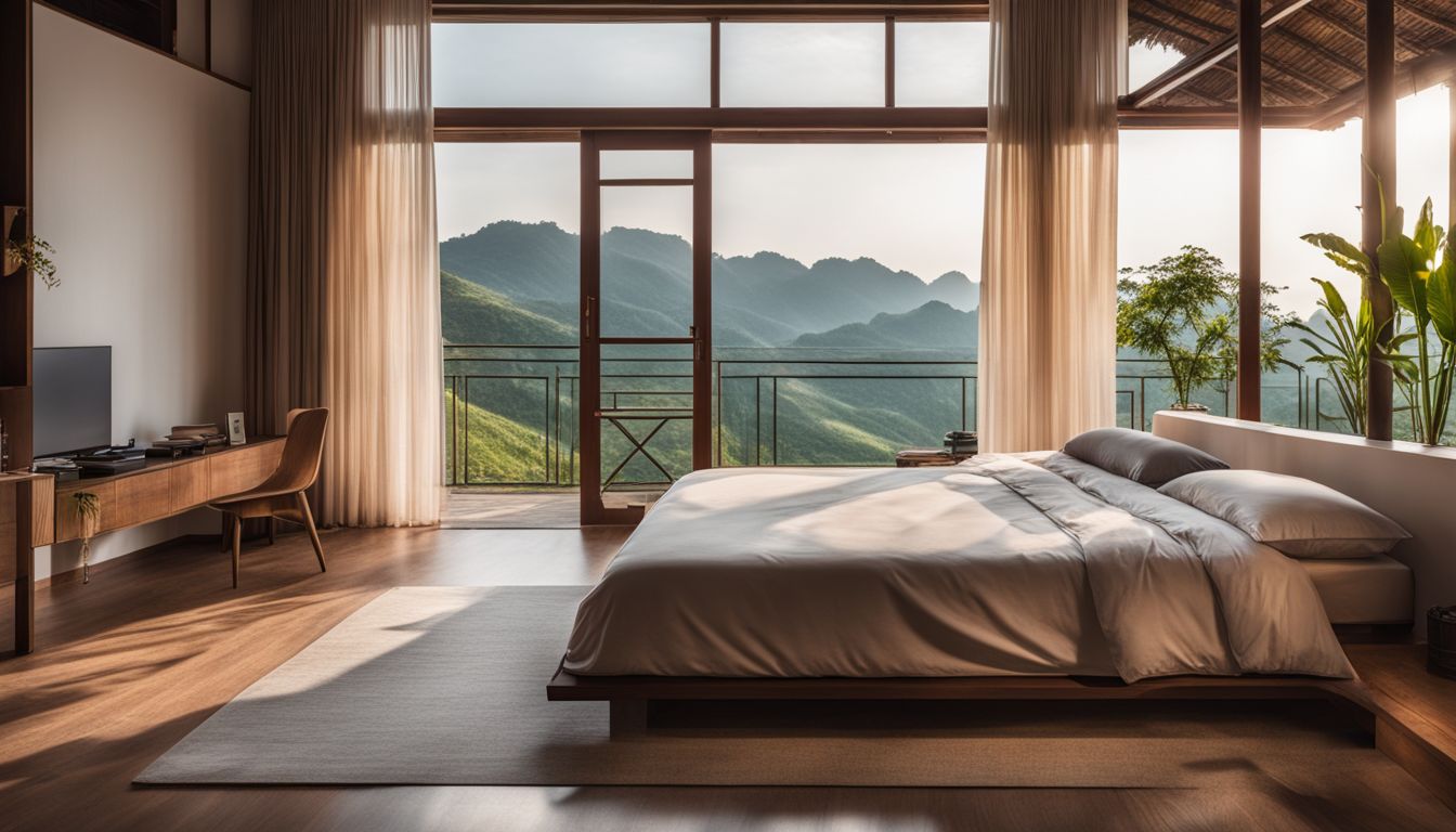 A cozy minimalist bedroom with a neatly made bed and a view of the Vietnamese countryside.