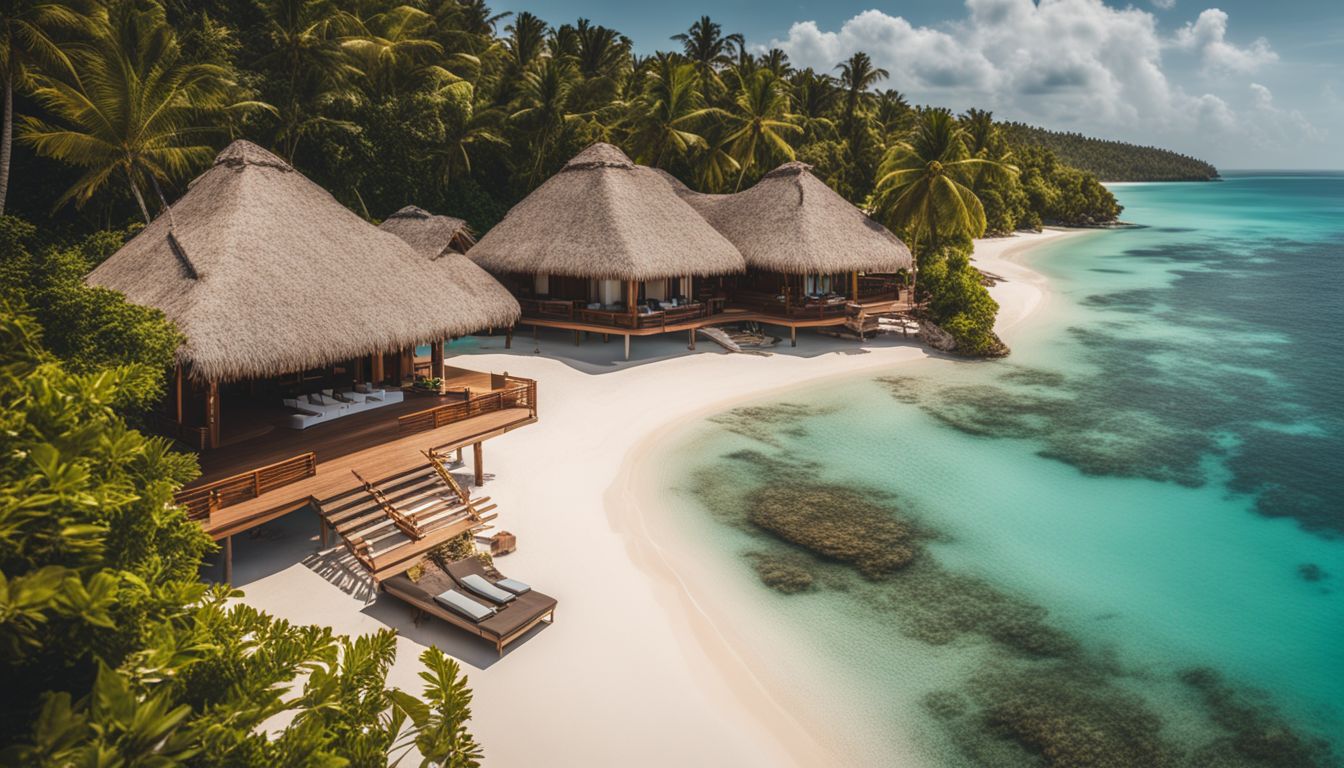 A luxurious beachfront resort with thatched roof bungalows, surrounded by turquoise water and pristine white sandy beaches.