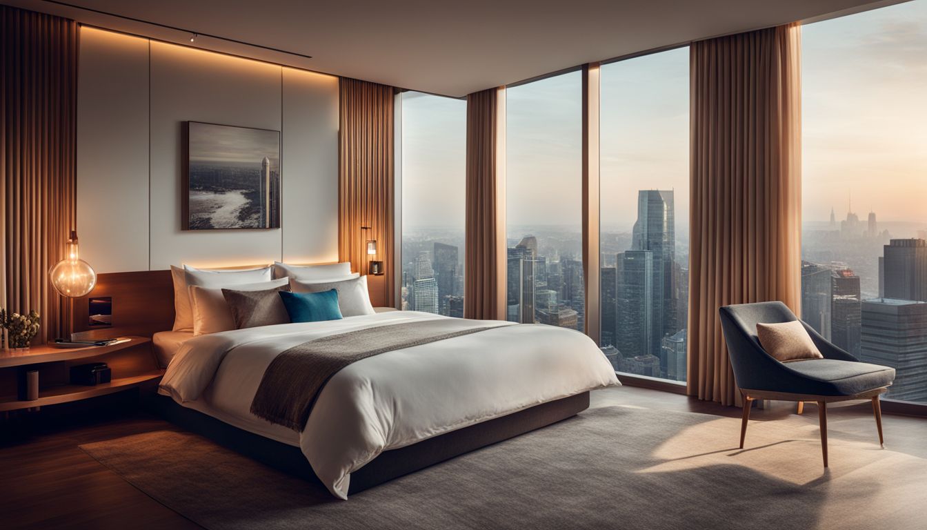 A modern hotel room with a comfortable bed and minimalist decor, featuring cityscape photography and a bustling atmosphere.