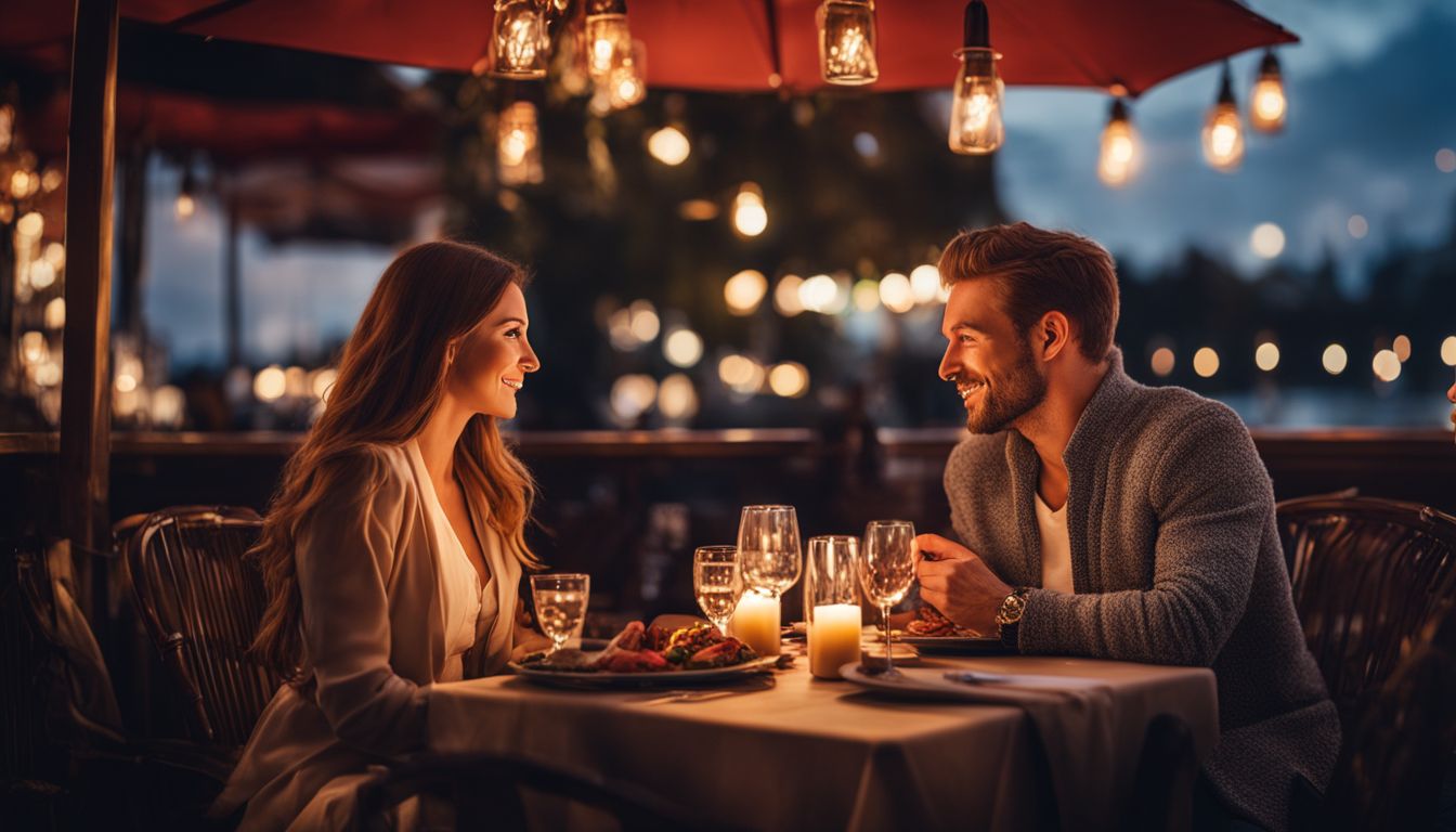 A couple enjoying a romantic candlelit dinner at a cozy outdoor restaurant with a bustling atmosphere.