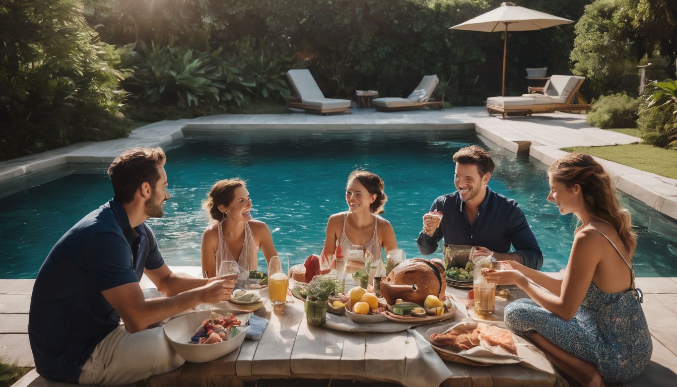 A family enjoys a picnic by a private pool surrounded by lush gardens in a bustling atmosphere.