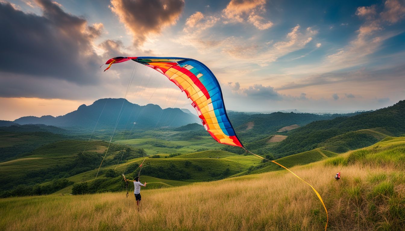 A colorful kite flies high above the beautiful landscape of Ban Krut.