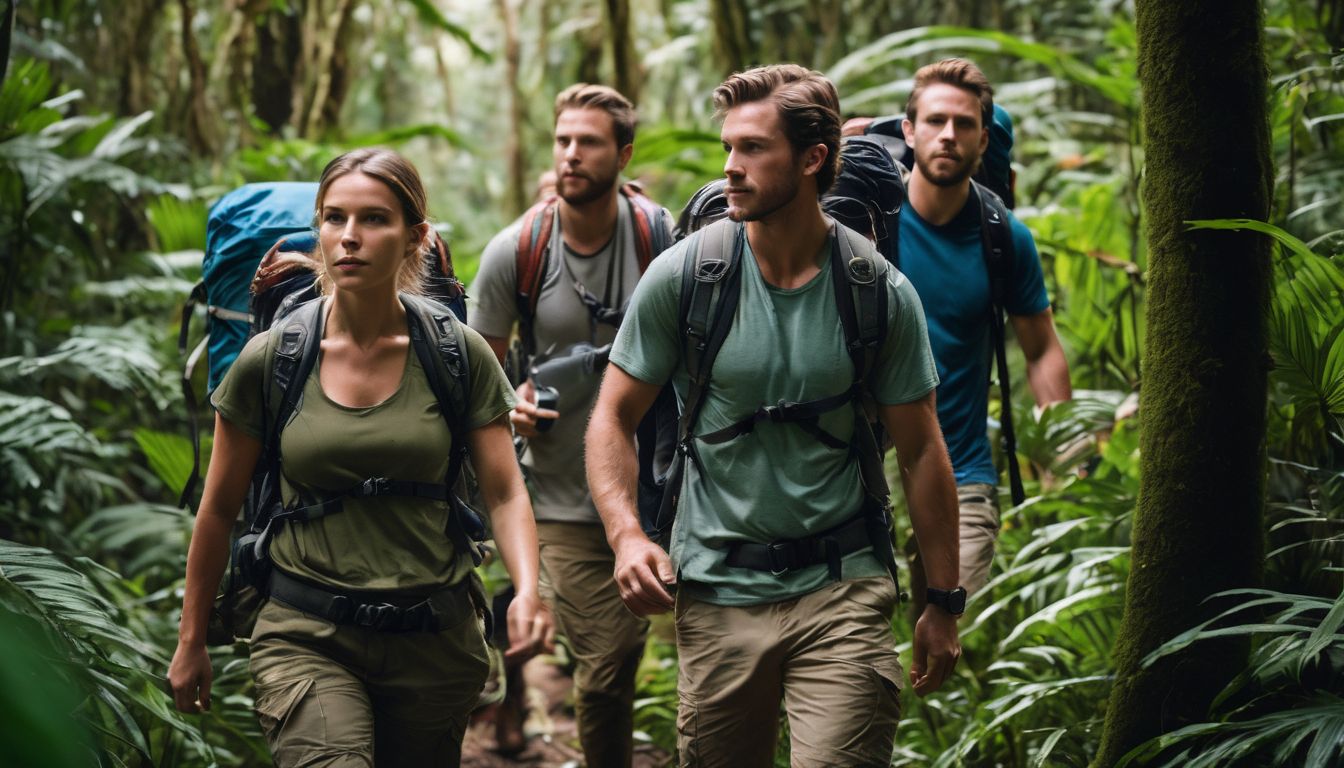 A diverse group of young adventurers hiking through a lush jungle in a vibrant and bustling atmosphere.