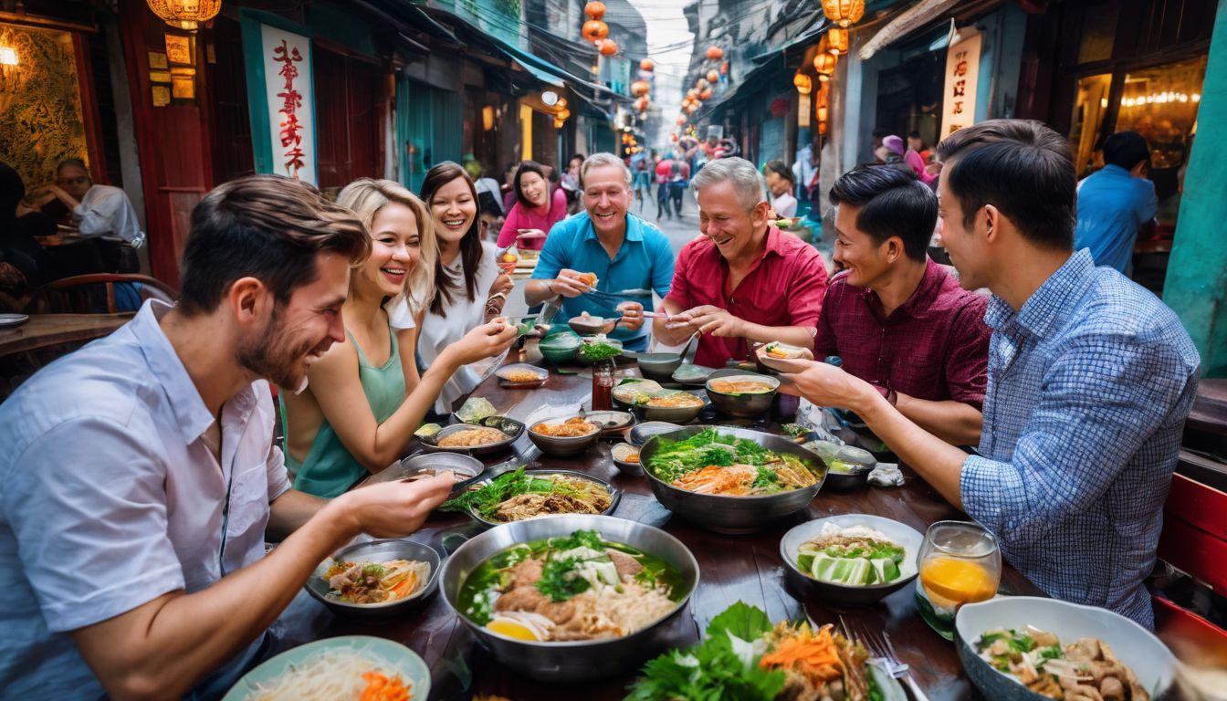 A diverse group of travelers enjoying a traditional Vietnamese meal on a bustling street.
