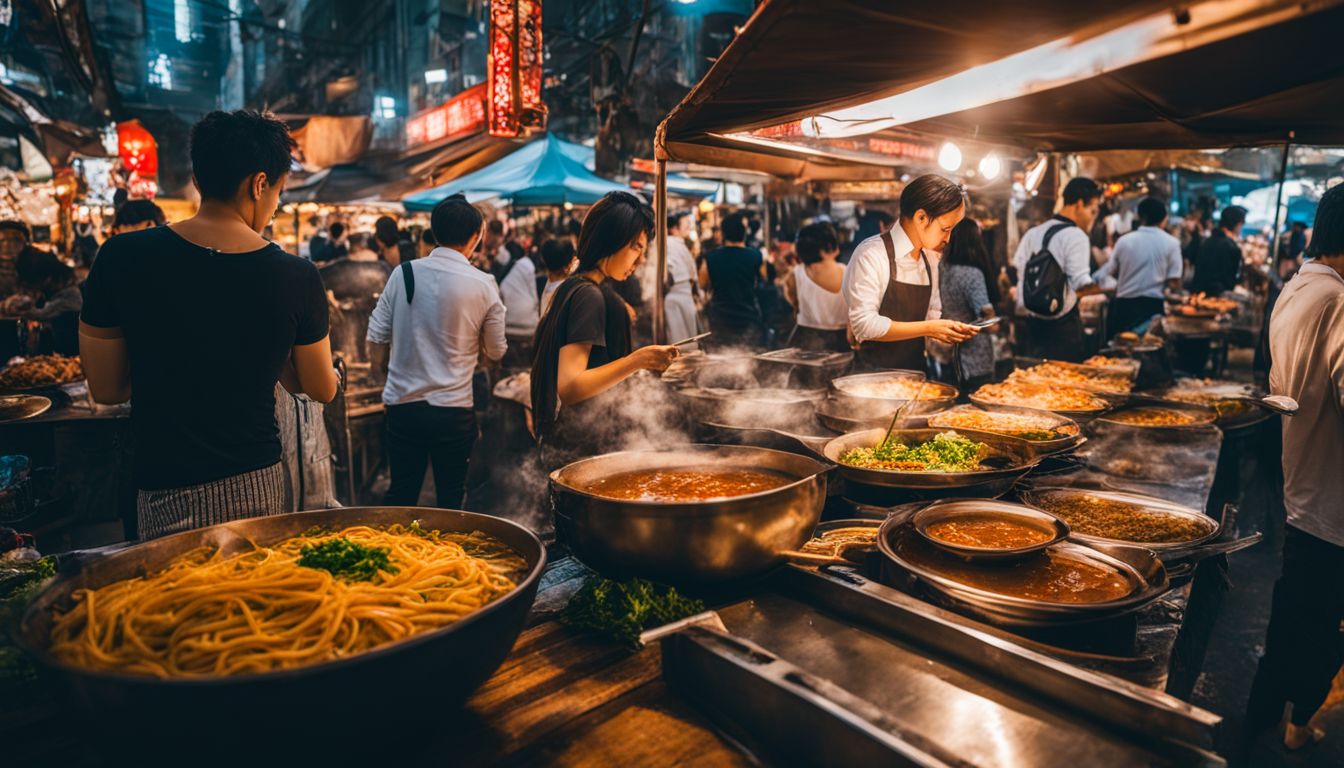 A vibrant street food market in Vietnam featuring a variety of affordable and delicious dishes.