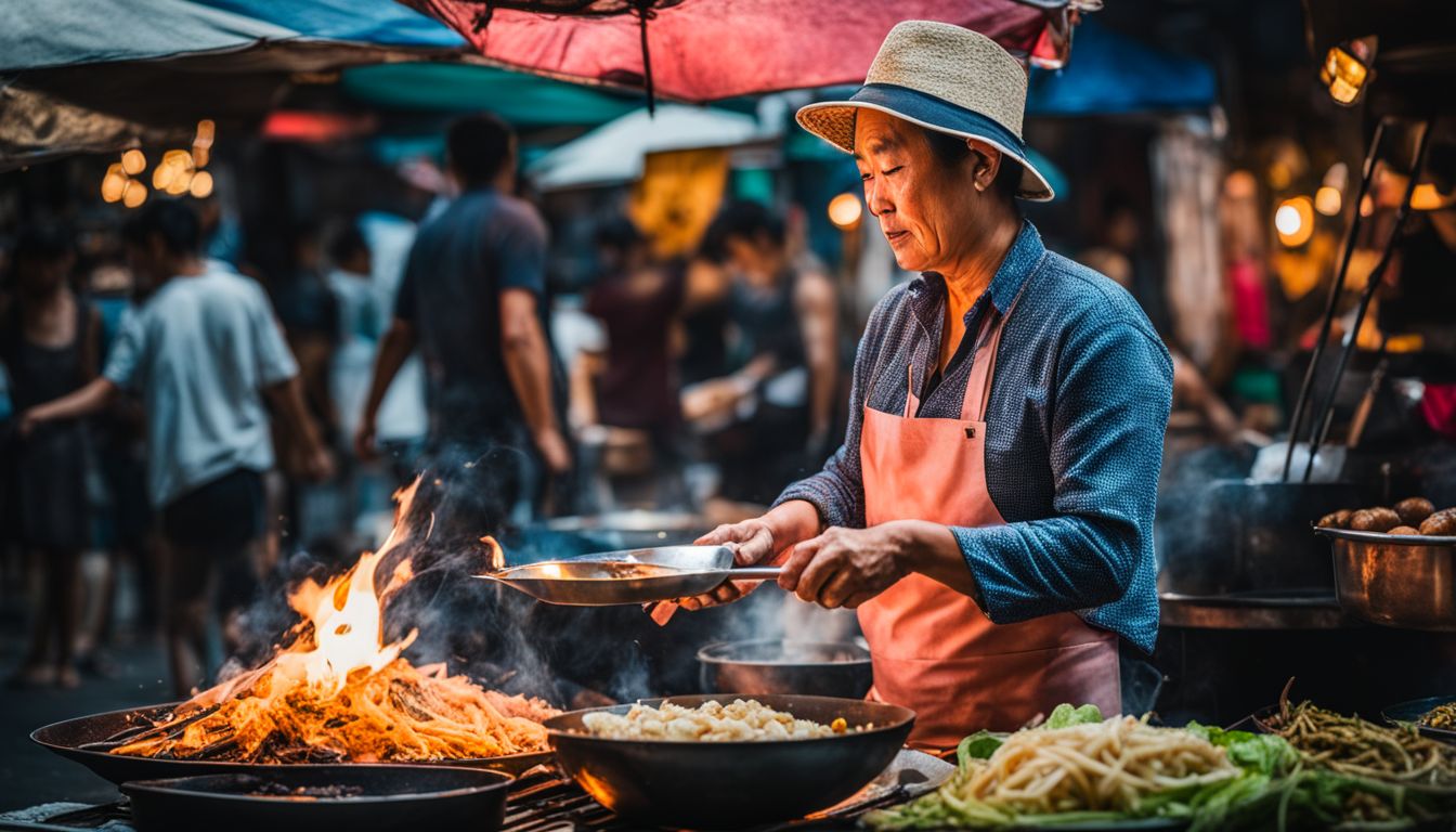 A local Thai street vendor cooking delicious and affordable street food in a bustling atmosphere.