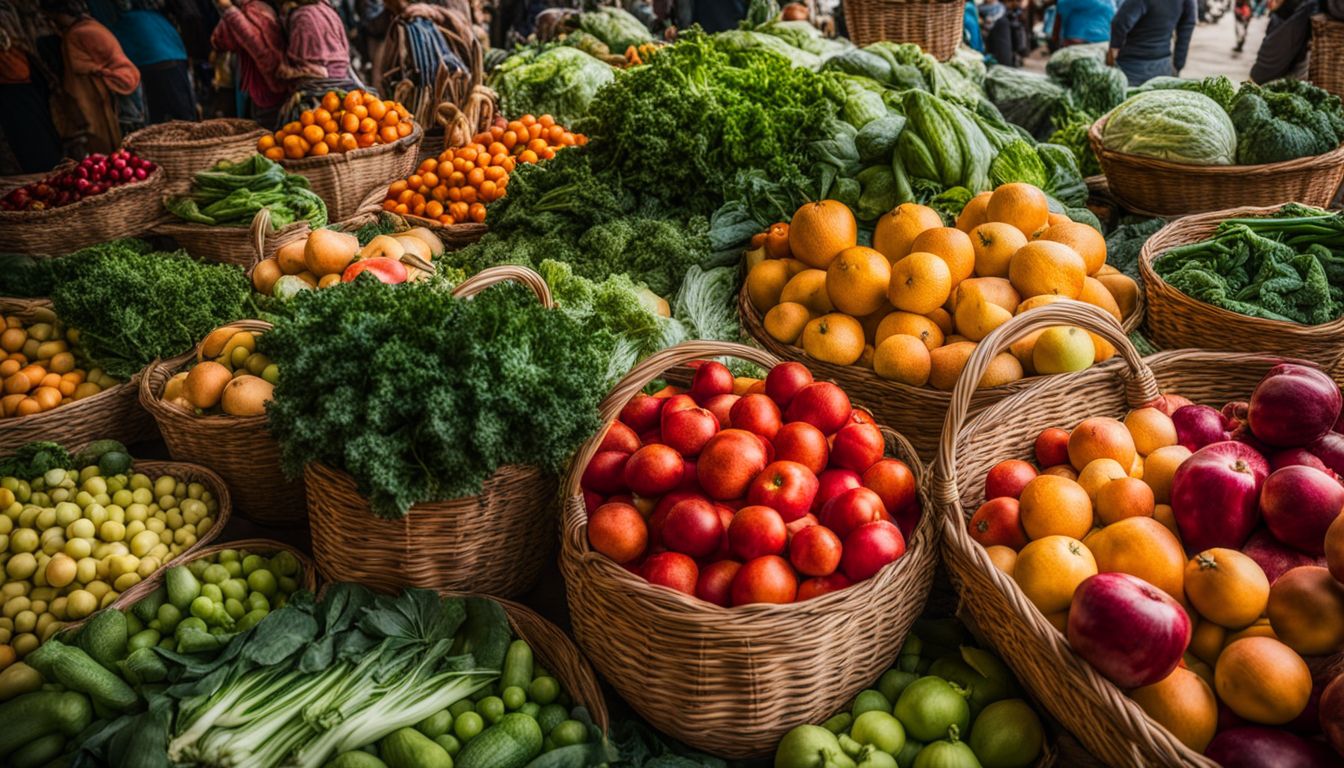 A colorful and bustling local market filled with baskets of fresh fruits and vegetables.
