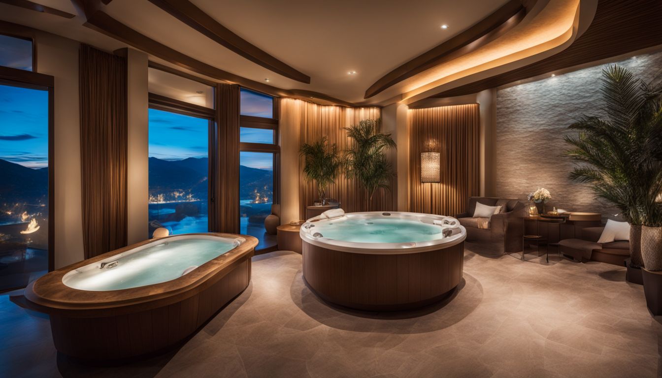 An elegant spa room with a hot tub, serene decor, and bustling atmosphere.