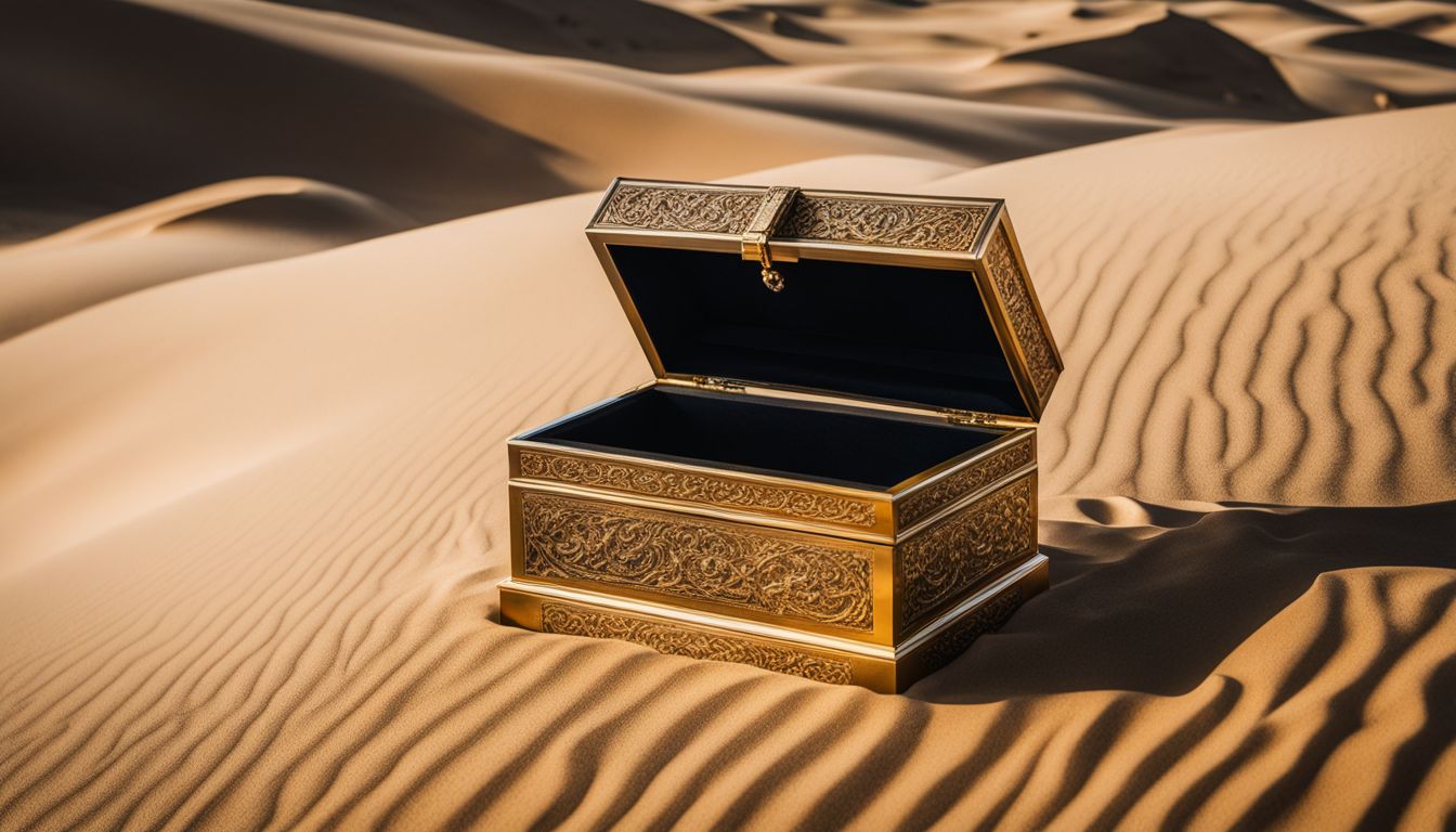 A close-up photo of a golden jewelry box nestled among sand dunes in Al Mazrah.