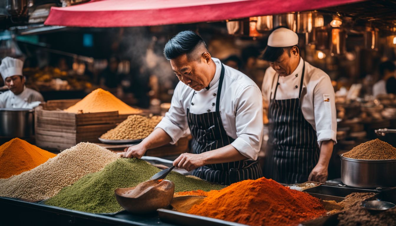 A photo of a chef surrounded by vibrant Thai spices and ingredients in a bustling street market.