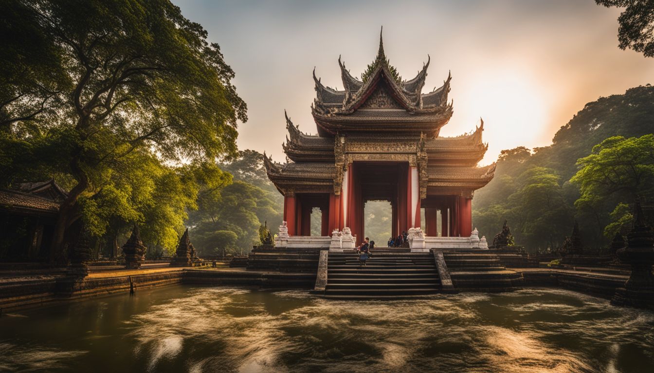 A vibrant photo showcasing Tha Phae Gate in a bustling cityscape surrounded by gardens and temples.