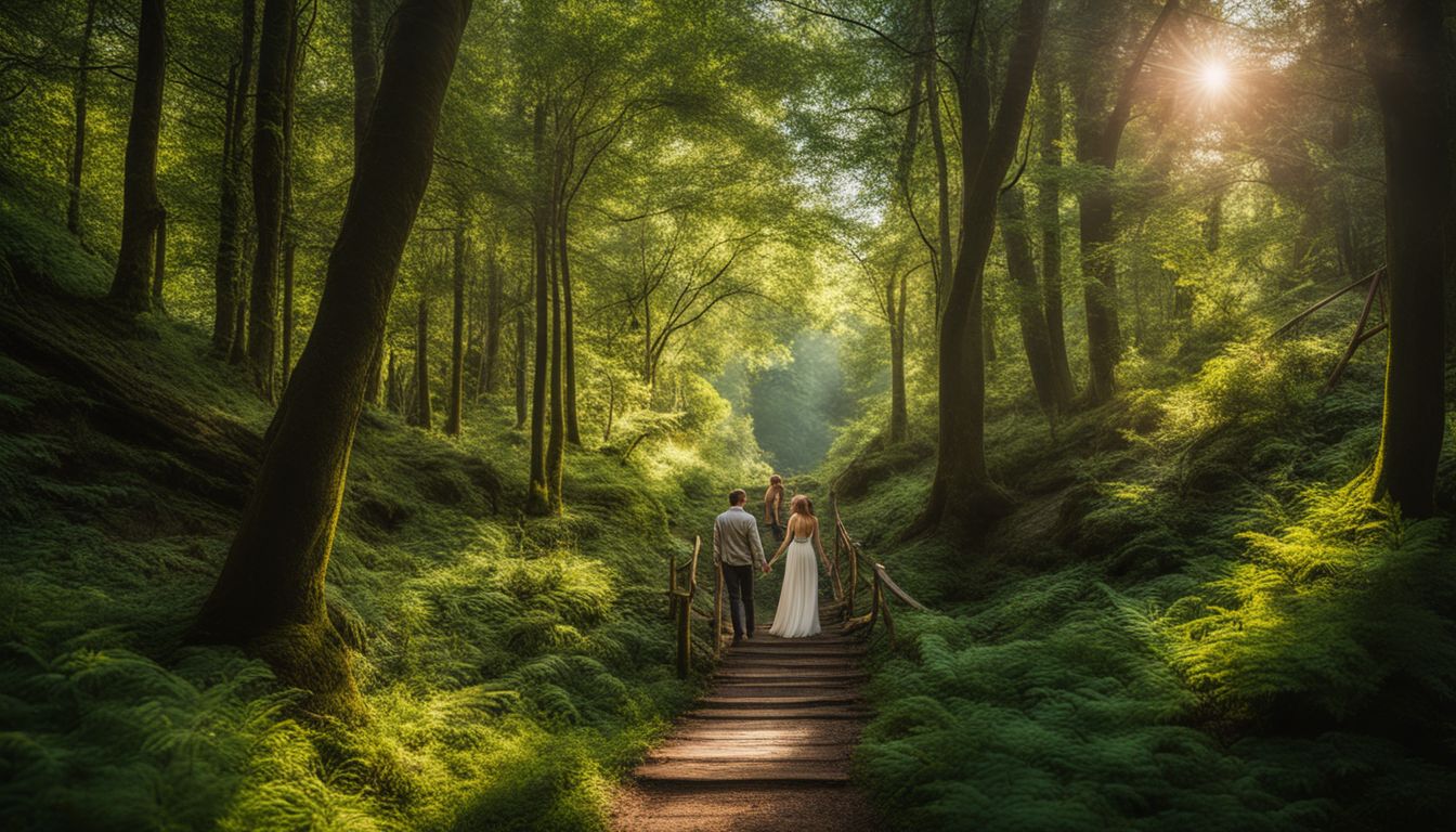 A vibrant forest scene with diverse people exploring a hidden pathway, captured in stunning detail and clarity.