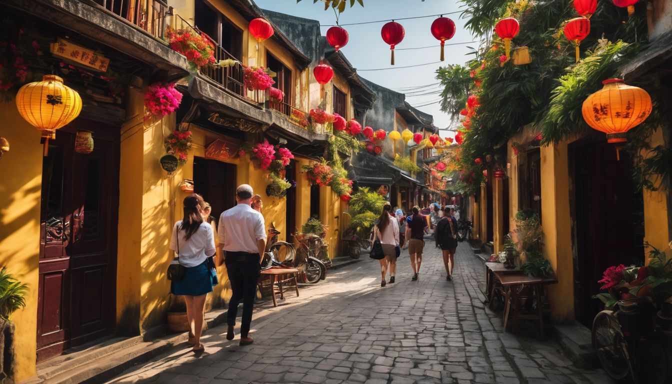 A group of diverse tourists exploring the vibrant streets of Hoi An, captured with a high-quality camera.