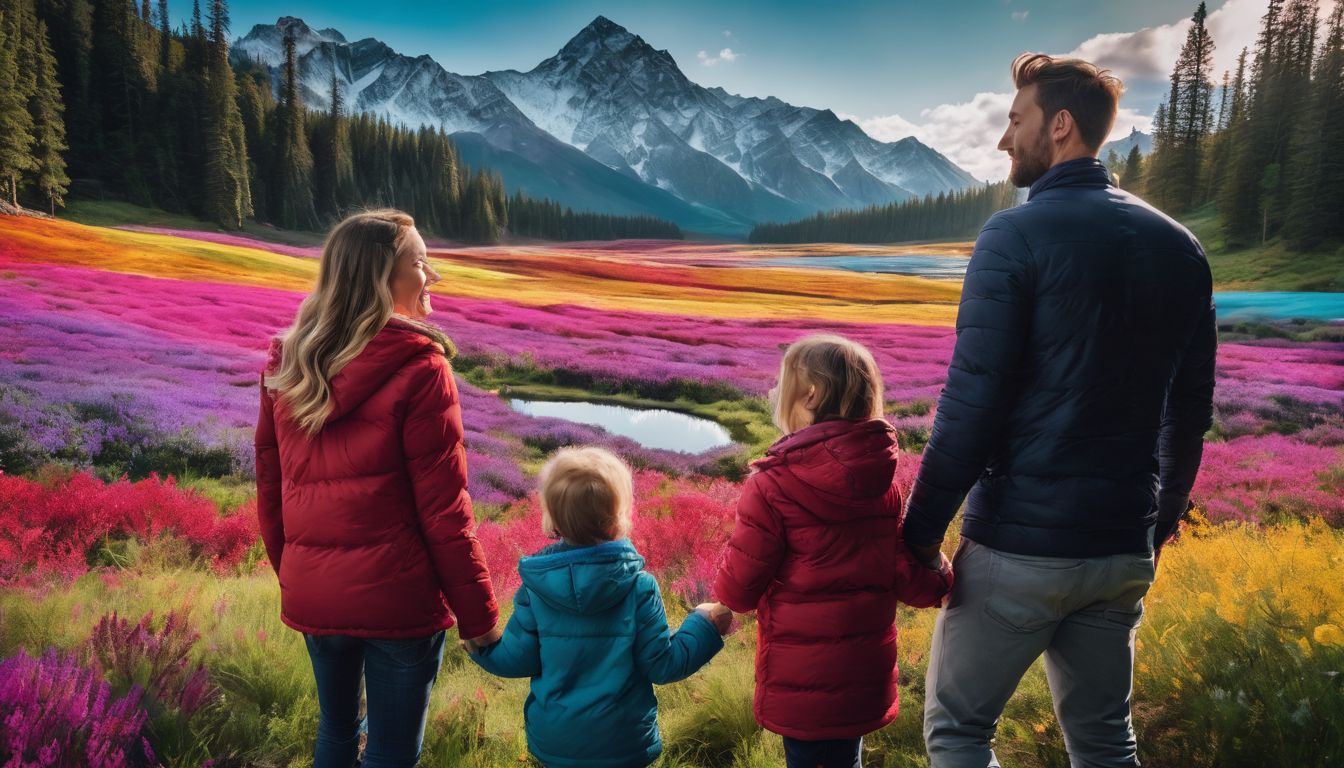 A family poses in front of a vibrant illusionary artwork in a bustling atmosphere.