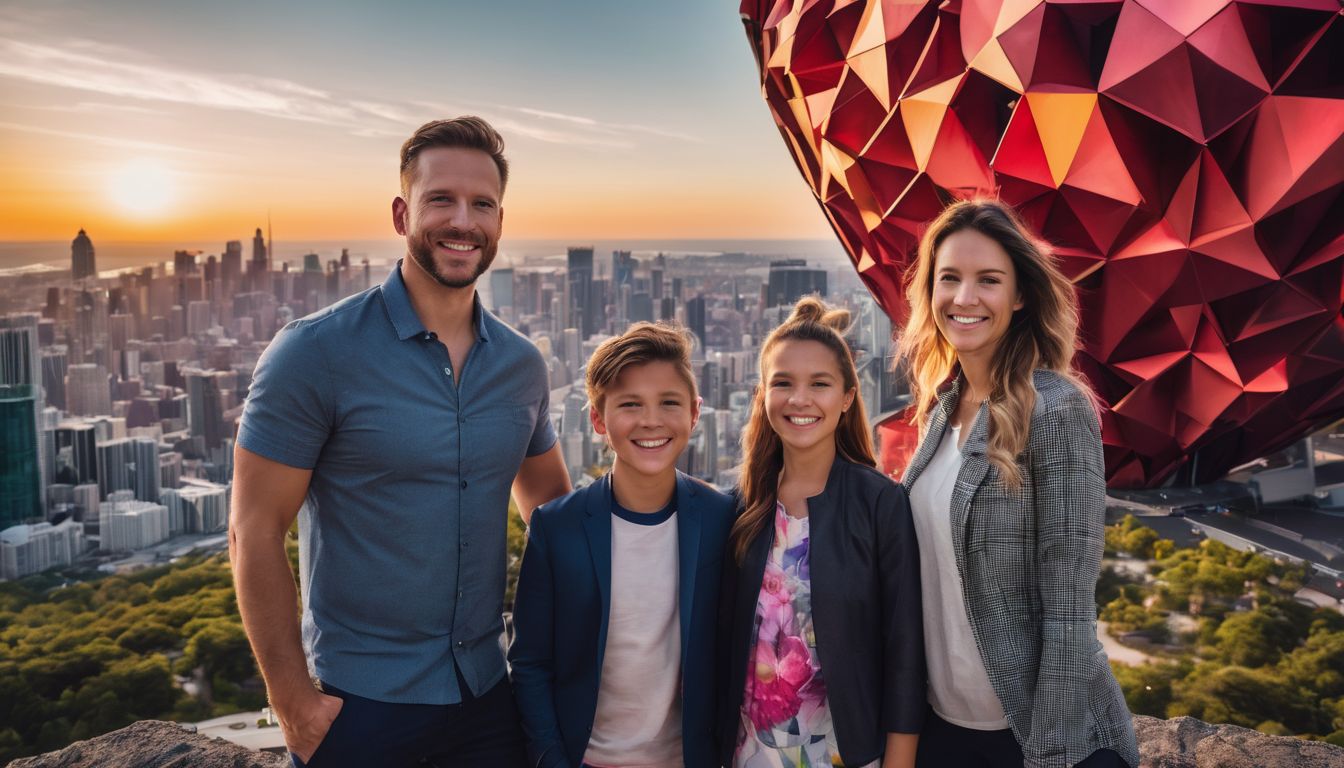 A diverse family poses in front of a vibrant 3D cityscape artwork for a photograph.