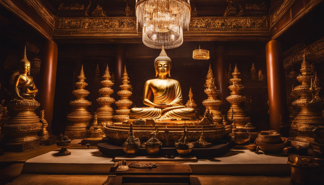 A photo of an ancient golden Buddha statue surrounded by Buddhist artifacts in a temple.