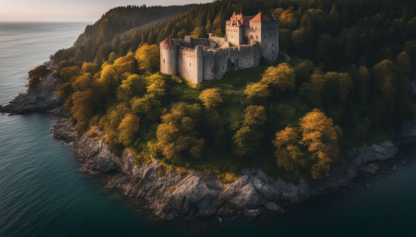 A stunning photograph of the old castle on Ashika Island with a breathtaking view of the surrounding landscape.