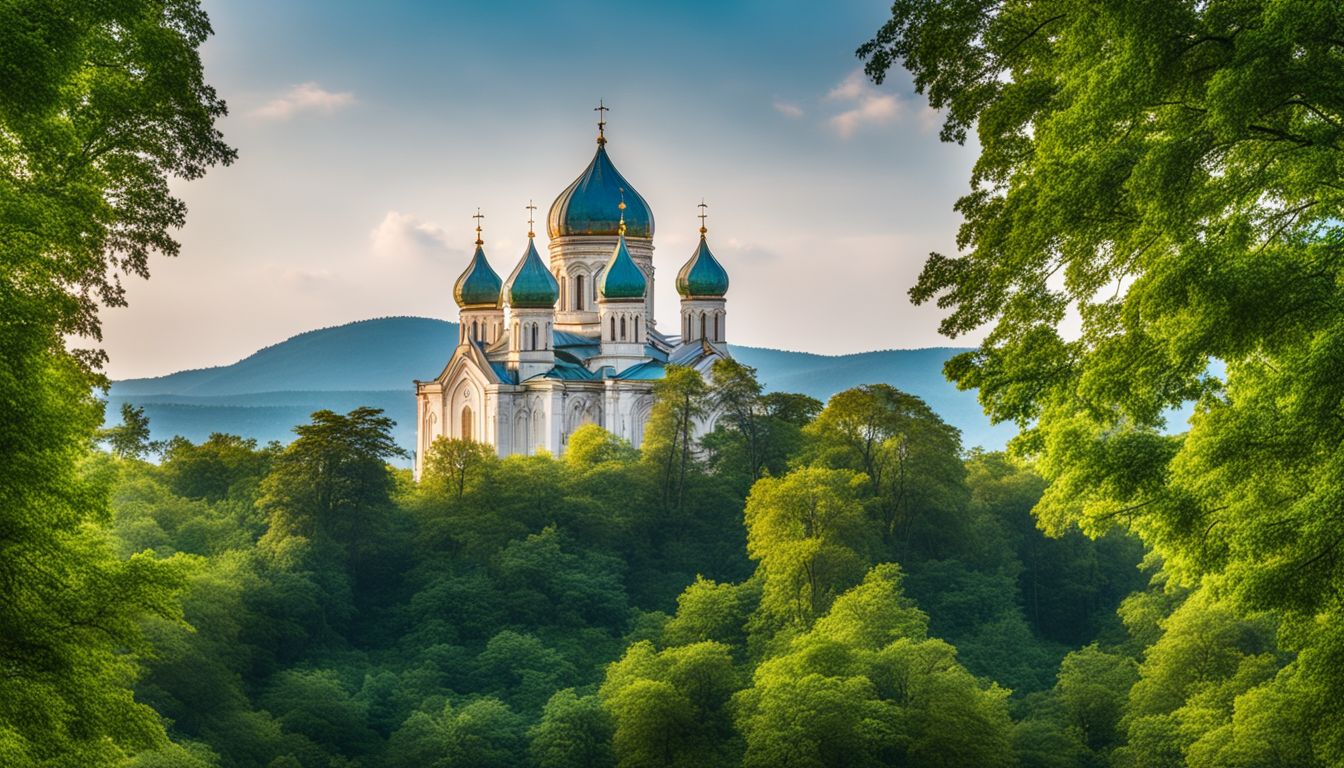 The Assumption Cathedral is captured in stunning detail with a bustling atmosphere and surrounded by lush green trees.