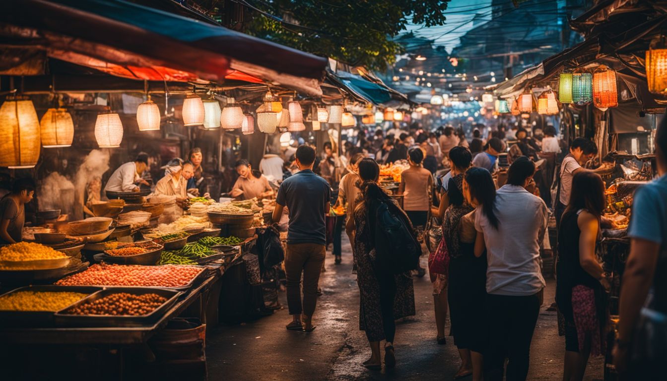 A lively Thai street food market featuring colorful food stalls and a bustling atmosphere.