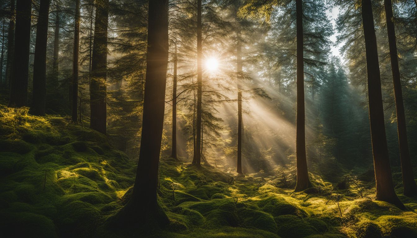 A vibrant and diverse forest with sunlight streaming through the trees, capturing the beauty of nature.