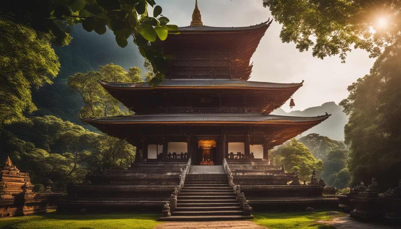A vibrant photo of an ancient Buddhist temple surrounded by lush greenery, capturing the bustling atmosphere and diverse individuals.