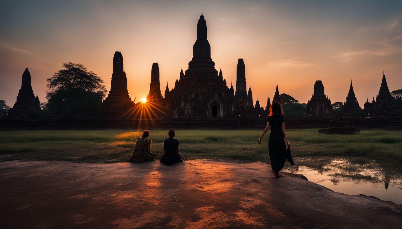 A stunning sunset silhouette of an Ayutthaya-style prang in front of a bustling waterfront.