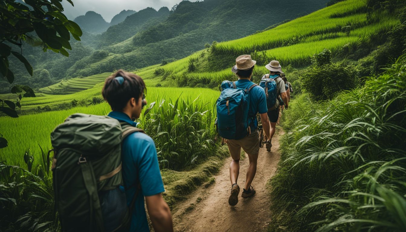 A group of diverse backpackers exploring the beautiful Vietnamese countryside in a bustling atmosphere.
