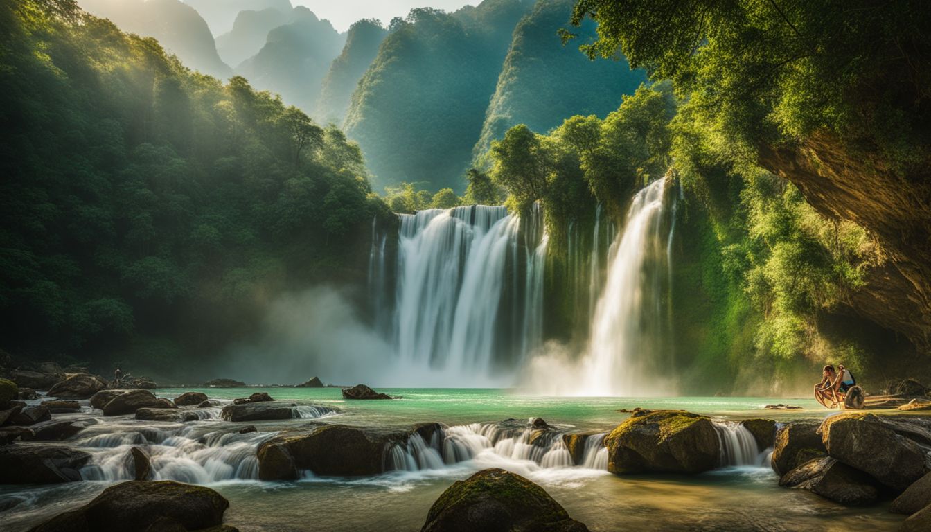 A stunning photo capturing the majestic Ban Gioc Waterfall surrounded by lush green mountains.