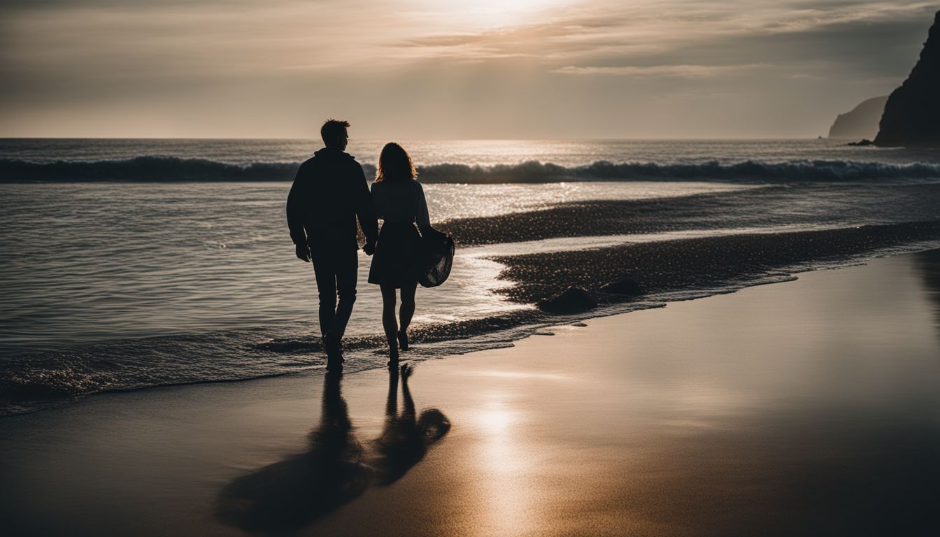 A couple walks hand in hand along the shoreline, capturing a beautiful seascape moment.