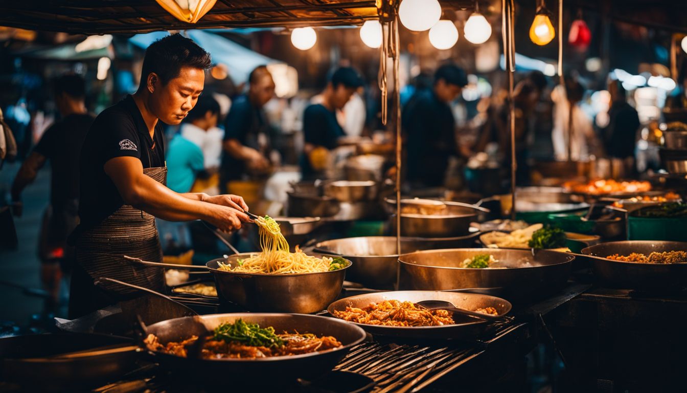 A vibrant night market scene with a Thai street food vendor preparing delicious dishes.