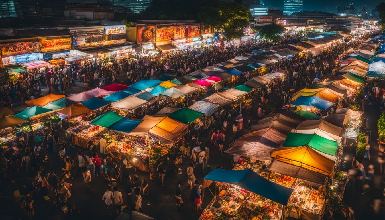 A vibrant night market in Bangkok with bustling crowds, colorful stalls, and a lively atmosphere.